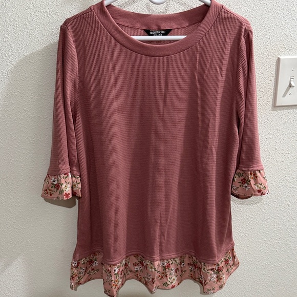 BloomChic Tops - BloomChic Rose Waffle Knit Tunic with Floral Ruffle